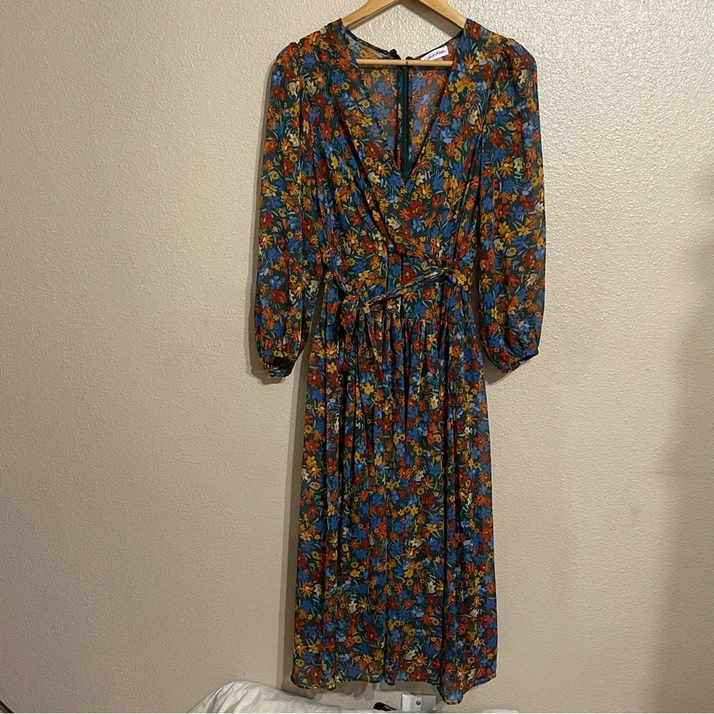 Surplice‎ Neck Three-Quarter Sleeve Floral Print Faux Wrap Midi Dress Sz 8 - Picture 13 of 14